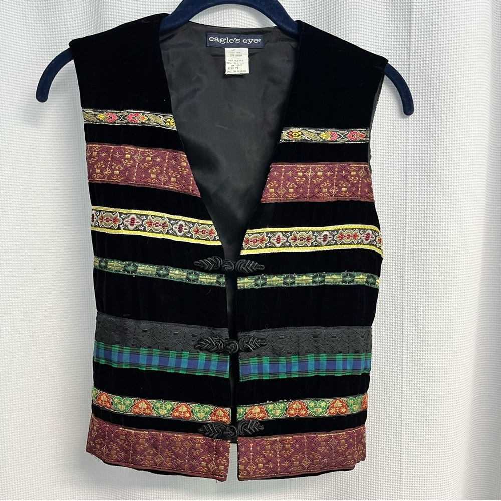 Vtg Eagle's Eye Black Velvet‎ Stripe Patchwork Vest Medium Cottagecore Whimsical